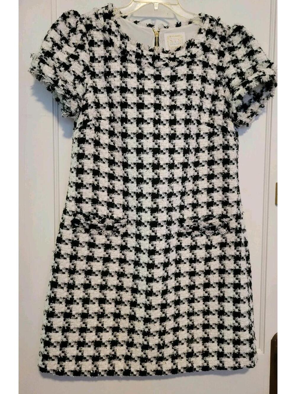 Sail to Sable Tweed Shift Dress 12 Black White Houndstooth Short Sleeve